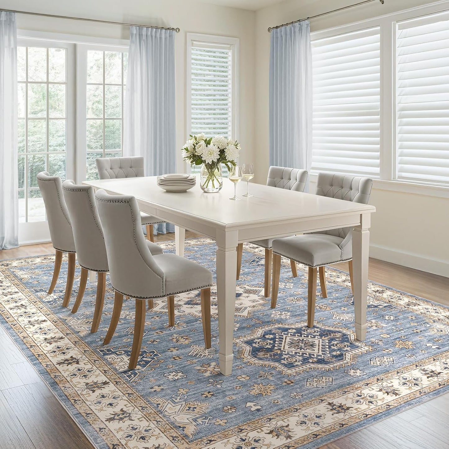 Washable Area Rugs for Living Room -10x12 Neutral Vintage Distressed Floral Farmhouse Boho Large Soft Floor Rug Indoor Non Slip Carpet for Living Room Bedroom Dining Room Office - Blue