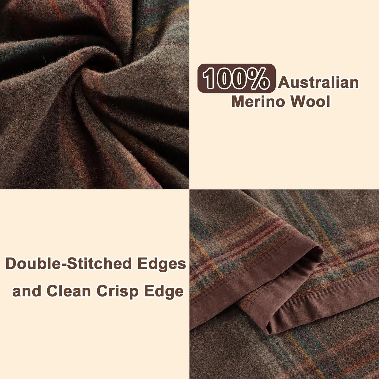 YOUR MOON 100% Pure Merino Wool Queen Size, Australian Organic Natural Wool Blanket, Hypoallergenic Wool Blanket for Bed, Medium Weight(Plaid Brown, 90 * 90)