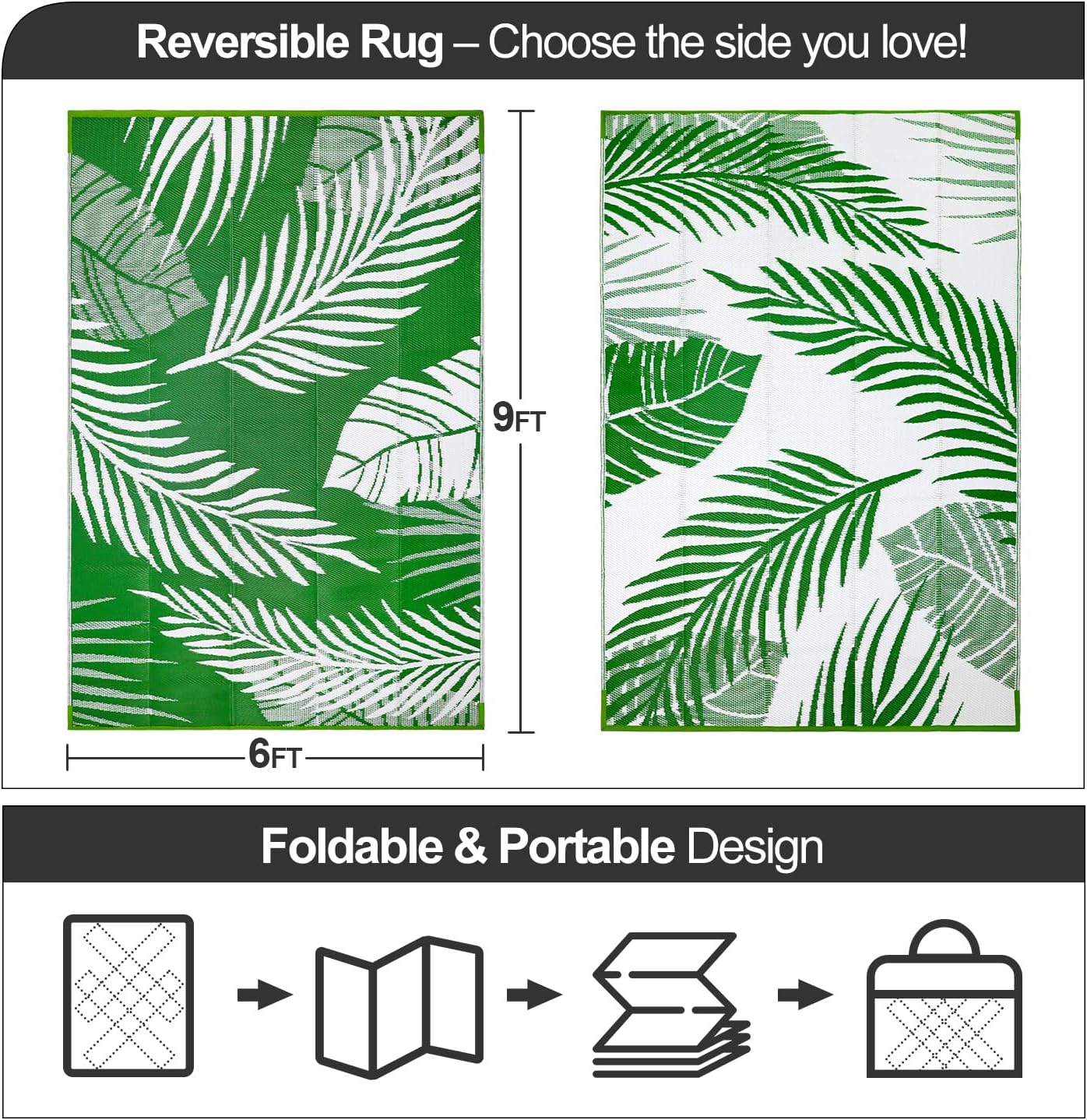 Waterproof Outdoor Rug 6x9ft, Green Leaf Reversible Plastic Straw Mat for Patio RV Deck Porch Backyard Balcony Camping Picnic Beach Indoor Outdoor Carpet, Green&White