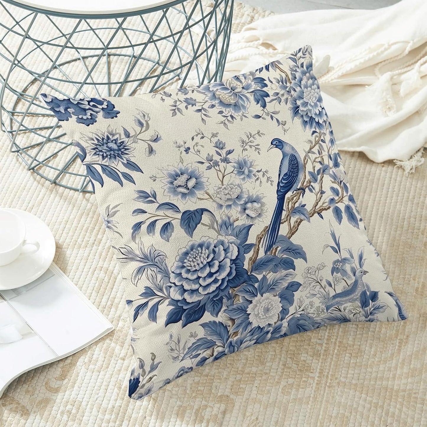 CXMEIFLY Spring Floral Pillow Covers 20 x 20 Inch Set of 2 for Chinoiserie Flowers Bird Decor Throw Pillows Vintage Blue and White Plant Outdoor Decorative Cushion Cases for Couch Bed Decorations