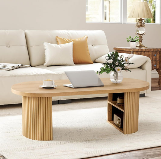 Oval Fluted Coffee Table, 47" Farmhouse Wood Coffee Table Mid Century Modern Center Table Boho Living Room Tables for Living Room Office,Natural