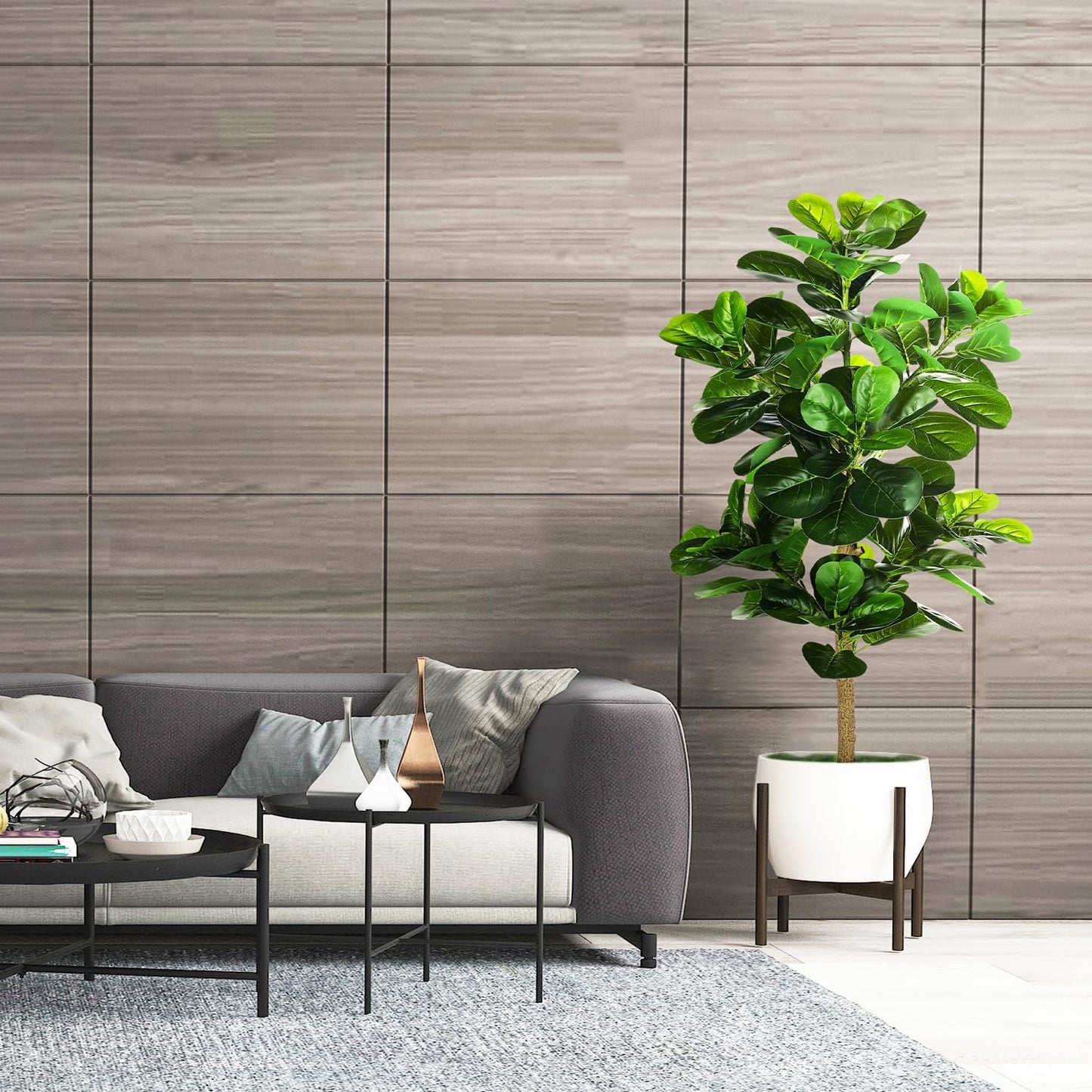 5ft Artificial Fiddle Leaf Fig Tree (60in) with Plastic Nursery Pot Faux Tree, Ficus Lyrata Fake Plant for Office House Farmhouse Living Room Home Decor (Indoor/Outdoor)