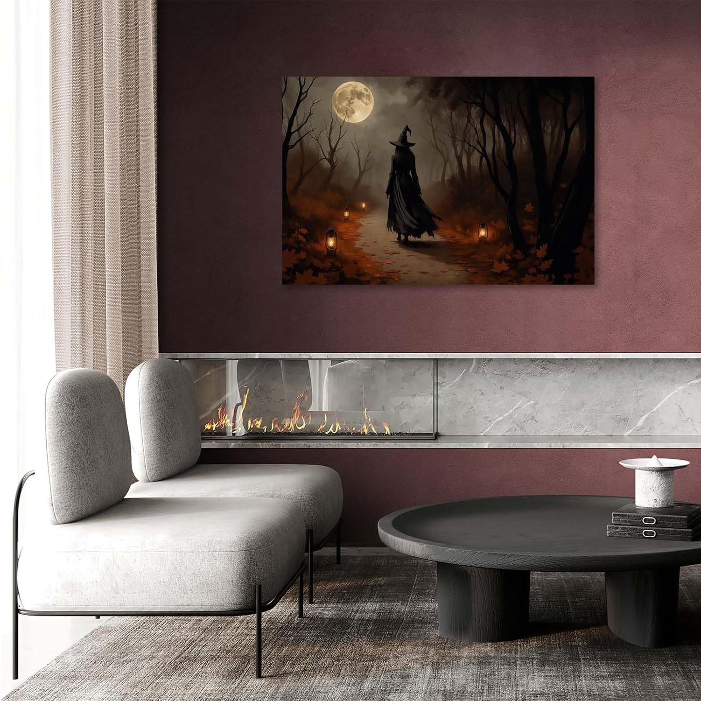 JFHCQJPK Moonlight witch poster dim lantern Halloween decoration Gothic style dark retro college style canvas wall art suitable for living room bedroom16x24in Frameless
