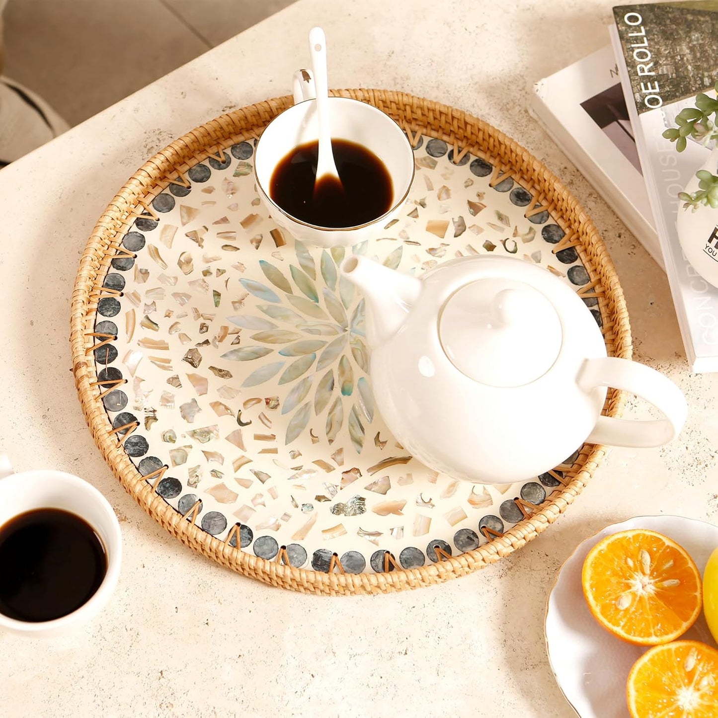 Round Rattan Tray with Mother of Pearl Inlay & Wooden Base - Decorative Wicker Serving Tray for Coffee/Bread/Fruits, Food Storage & Display - Multipurpose Home Decor (M,Fish Scales)