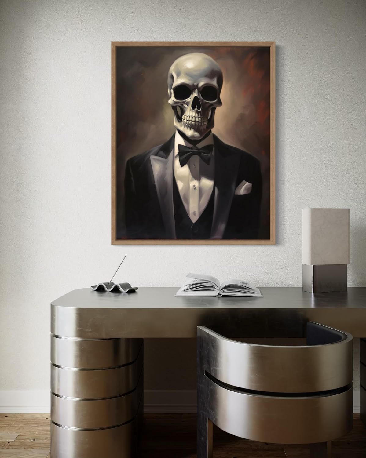 Skull Portrait Poster Art Print, Halloween Scary Vintage Wall Art Academia Spooky Painting Decoration for Horror Prints, Gothic Posters Bedroom Decor 89 (Skull Portrait, 8 x 10 inches, Wood Frame)