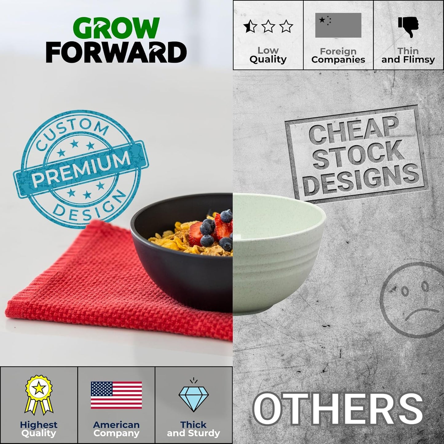 Grow Forward Premium Wheat Straw Bowls - 27oz Microwave Safe Plastic Cereal Bowls Set of 8 for Kitchen, Camping, RV, Dessert, Snack, Soup, Salad, Fruit - Reusable, Unbreakable & BPA Free - Moonlight