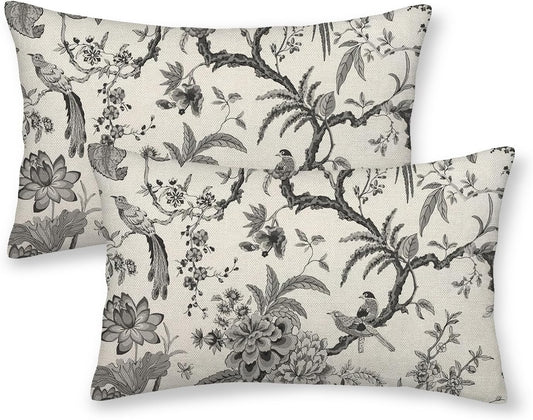 CXMEIFLY Spring Floral Birds Pillow Covers 12 x 20 Inch Set of 2 for Chinoiserie Flowers Decor Throw Pillows Black and White Plant Outdoor Decorative Cushion Cases for Couch Bed Decorations