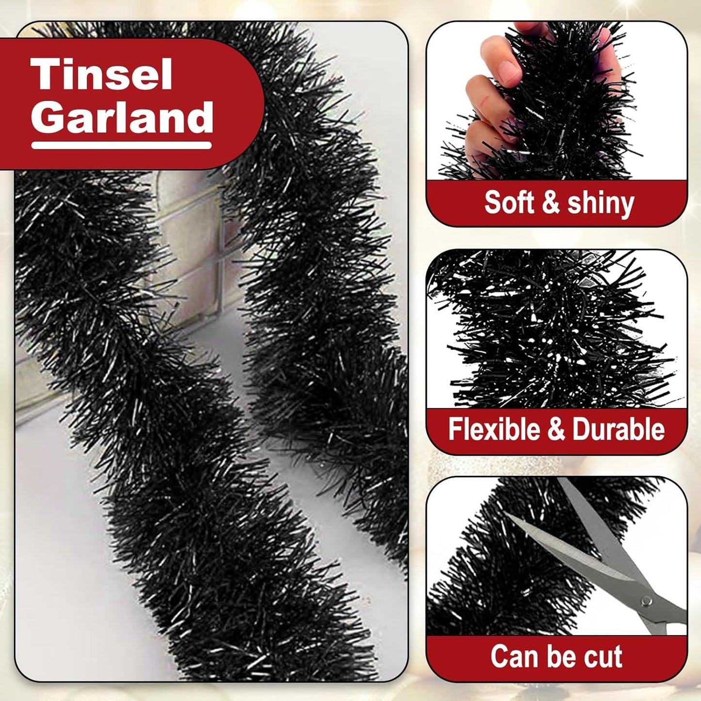 50 Feet Christmas Tinsel Garland, Metallic Twist Wall Hanging Tinsel Backdrop for Parade Floats, Carnival, Birthday, Wedding, New Year Party Decorations (Black, 2in x 50ft)
