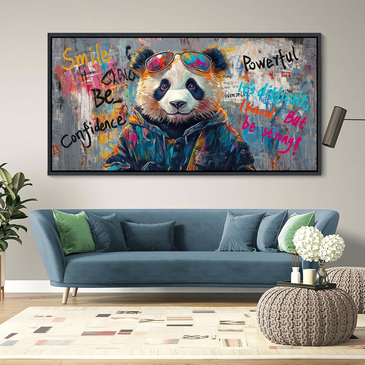 JEAWA Large Framed Canvas Wall Art, Black and White Panda Graffiti Street Art Pop Abstract Modern Paintings for Living Room Bedroom Study Office Inspirational Picture Home Decor 24x48 IN
