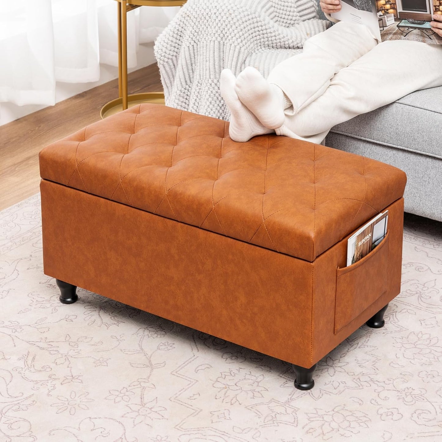 Leather Storage Ottoman Bench Rectangle 32 Inch Foot Rest Ottomans Stool for Living Room Bedroom(Yellowish Brown)