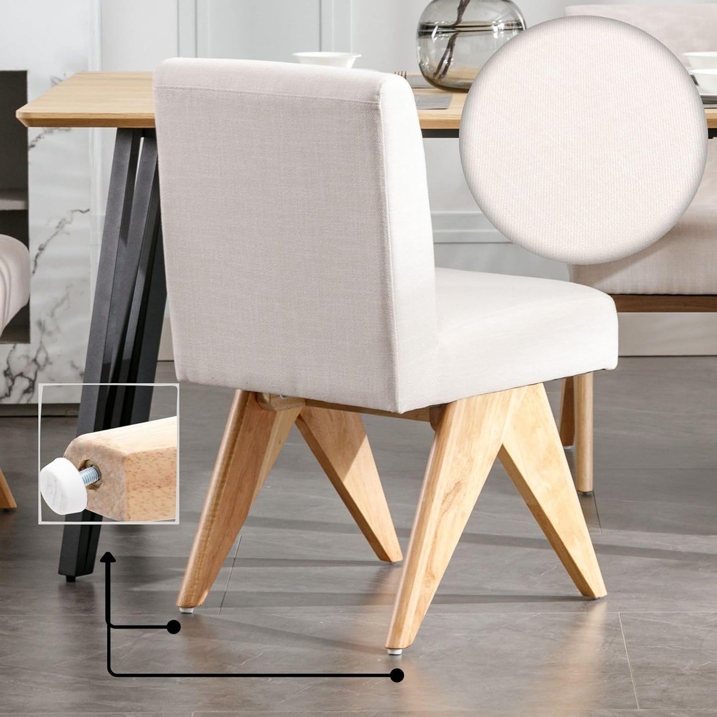 Mid Century Modern Farmhouse Dining Chairs Set of 6, Upholstered Armless Kitchen Chairs with Back and Wooden Legs, Linen Beige