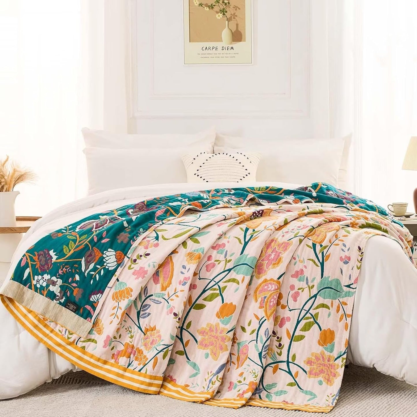 Boho Throw Blanket for Bed, 100% Cotton Soft Rustic Quilt Fall Blanket, 60"x80" Floral Printed Farmhouse Decor Bed Blankets, All Season Rustic Reversible Bohemian Throw Quilt