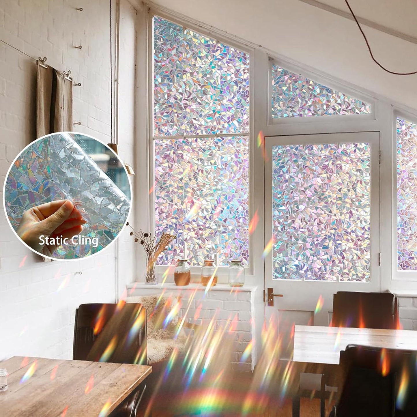 Rainbow Window Privacy Film 3D Decorative Stained Glass Window Film Anti UV Non-Adhesive Reusable 23.6" x 78.7" for Home Room Car Glass Cling
