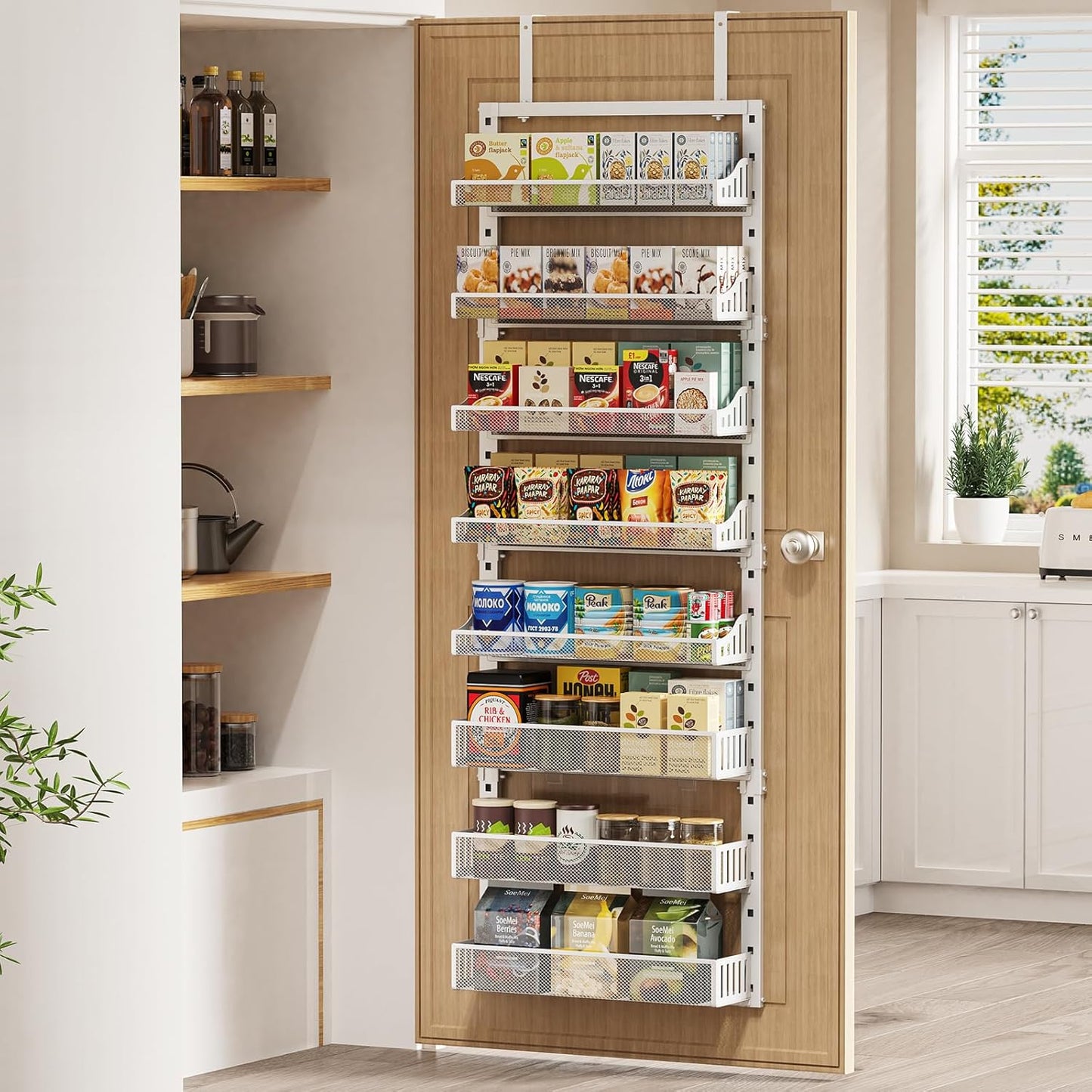 Over the Door Pantry Organizer 8-Tier, Large Metal Door Spice Rack with Adjustable Basket, 2 in 1 Wall Mount or Hanging Heavy-Duty Pantry Door Storage Shelf for Kitchen and Bathroom, White