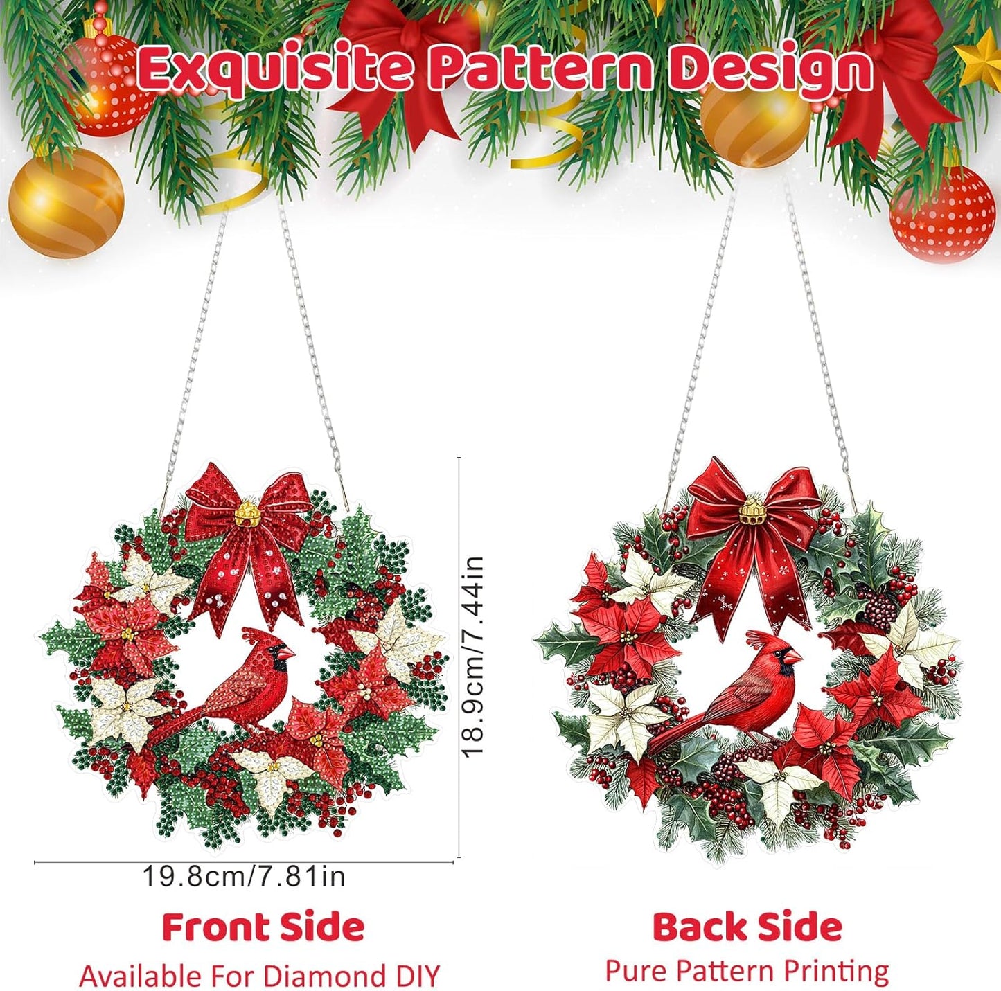 MEIYUDA Christmas Diamond Art Hanging Kits for Adult, Cardinal Wreath Diamond Painting Hanging Kits Ornaments, DIY Special Shaped Rhinestone Window Pendants kit for Home Garden Wall Decor Gift