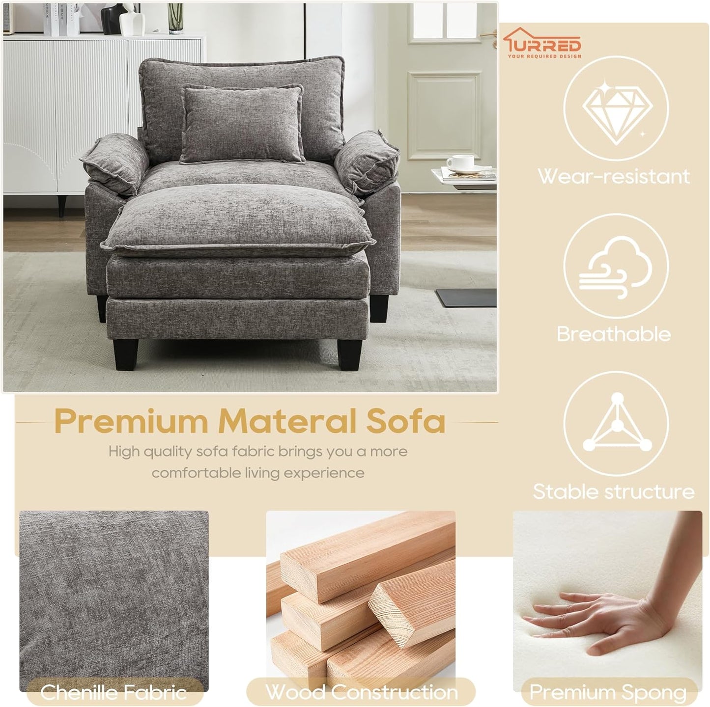 URRED Modular Sectional Sofa Comfy Cloud Couch, Modern Chenille Sofa Sleeper Deep Seat Couches with Ottoman/Pillows for Living Room (Gray, 53''- Ottoman)