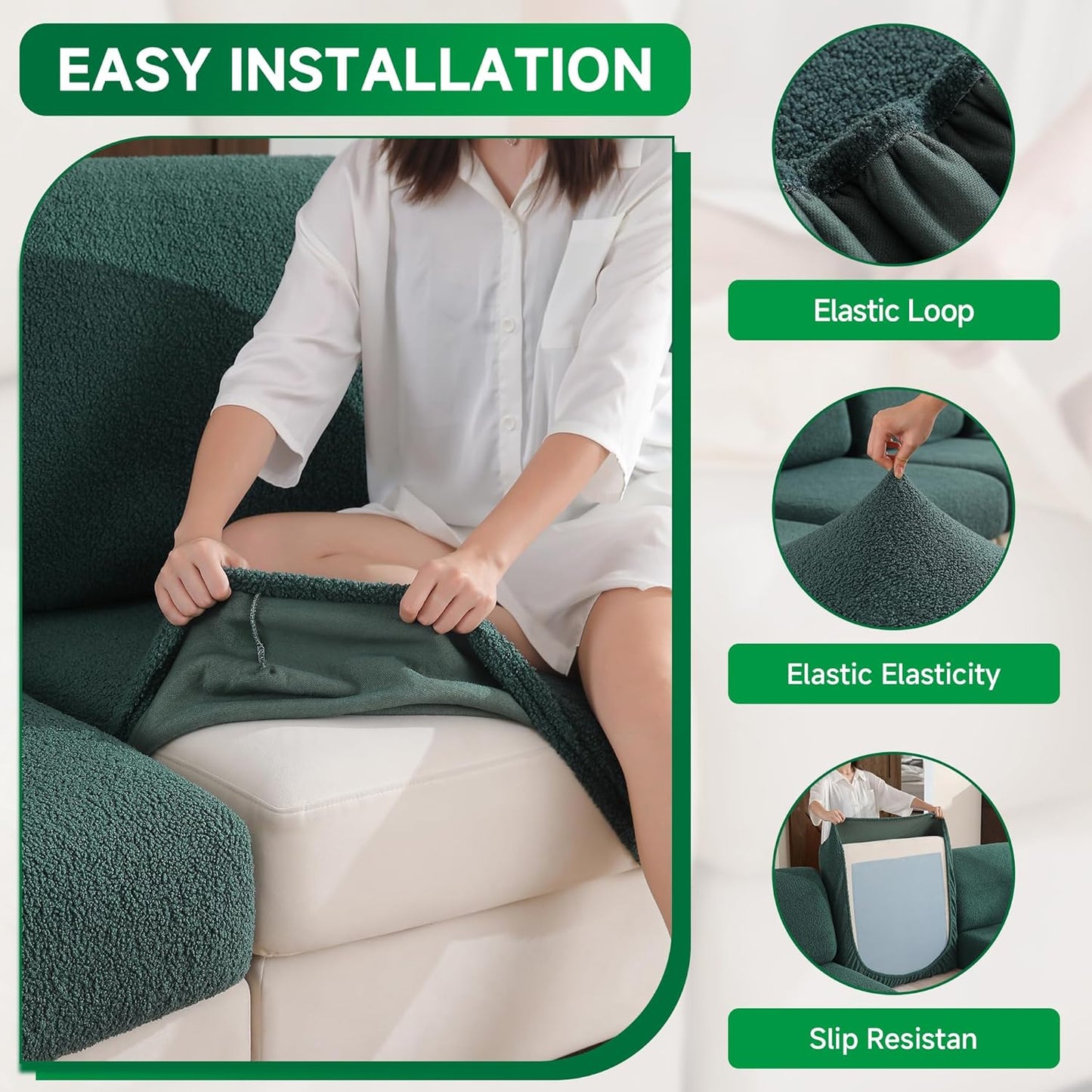 Couch Cushion Covers for Sectional Sofa, Stretch Soft Sofa Slipcovers Washable Wear-Resistant Universal Furniture Protector for Living Room(1 Piece Large Cover, Green)