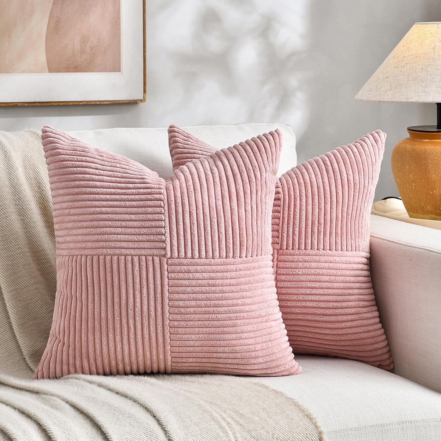 Fancy Homi 2 Packs Blush Pink Big Decorative Throw Pillow Covers 24x24 Inch for Living Room Couch Bed Sofa, Rustic Farmhouse Boho Home Decor, Soft Corss Corduroy Patchwork Accent Cushion Case 60x60 cm