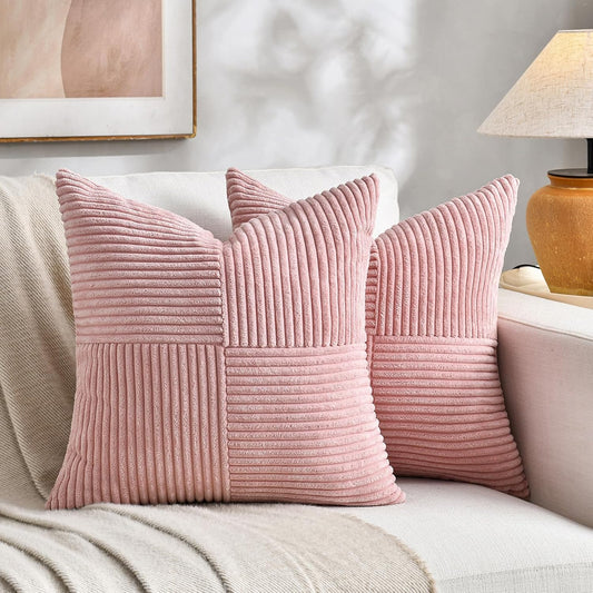 Fancy Homi 2 Packs Blush Pink Samll Decorative Throw Pillow Covers 12x12 Inch with for Couch Bed Sofa, Rustic Farmhouse Boho Home Decor, Soft Corss Patchwork Corduroy Square Cushion Case 30x30 cm
