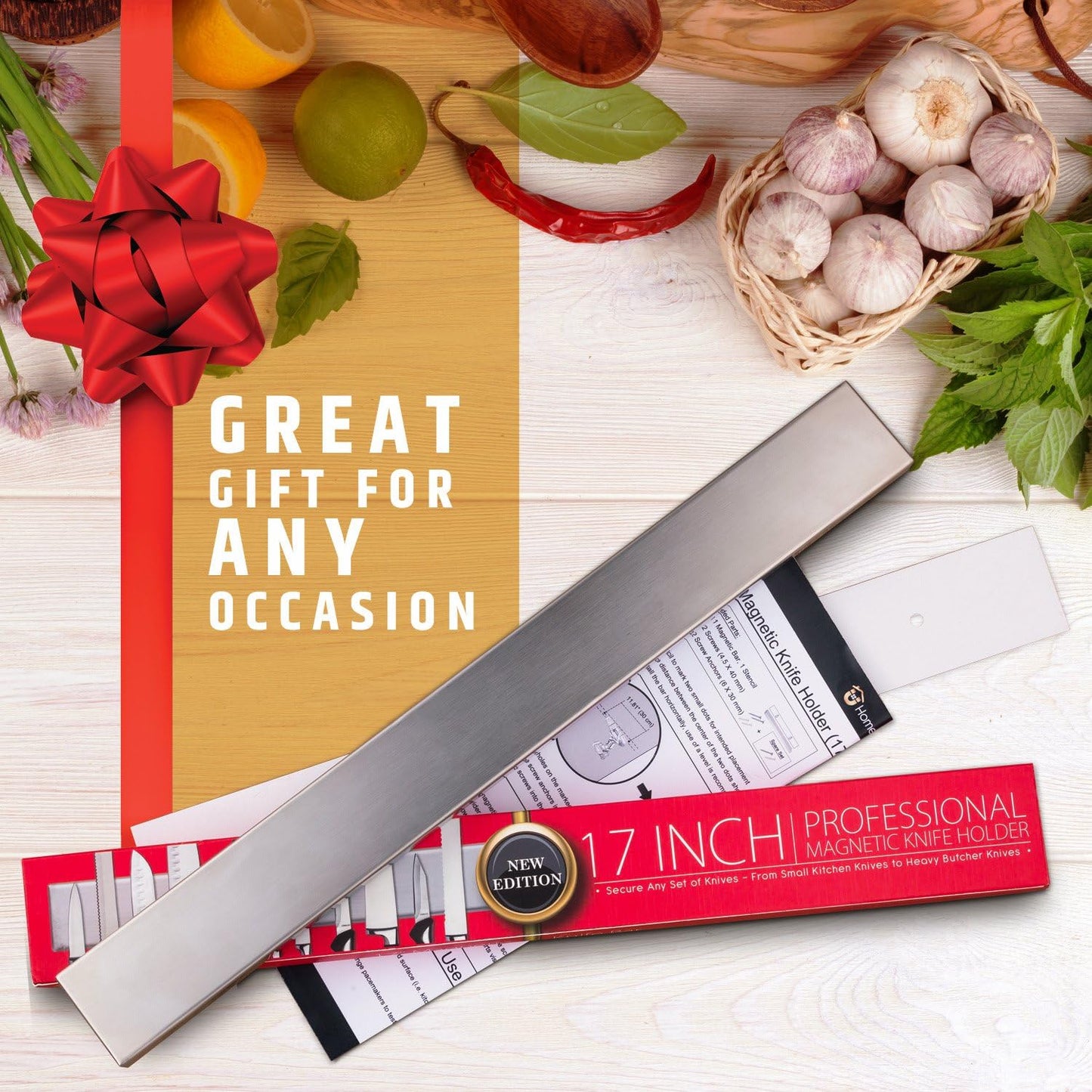 HMmagnets Premium 17 Inch Stainless Steel Magnetic Knife Holder For Wall - Professional Magnetic Knife Strip - Space-Saving Knife Rack/Knife Bar With Powerful Magnetic Pull Force (Upgraded Version)