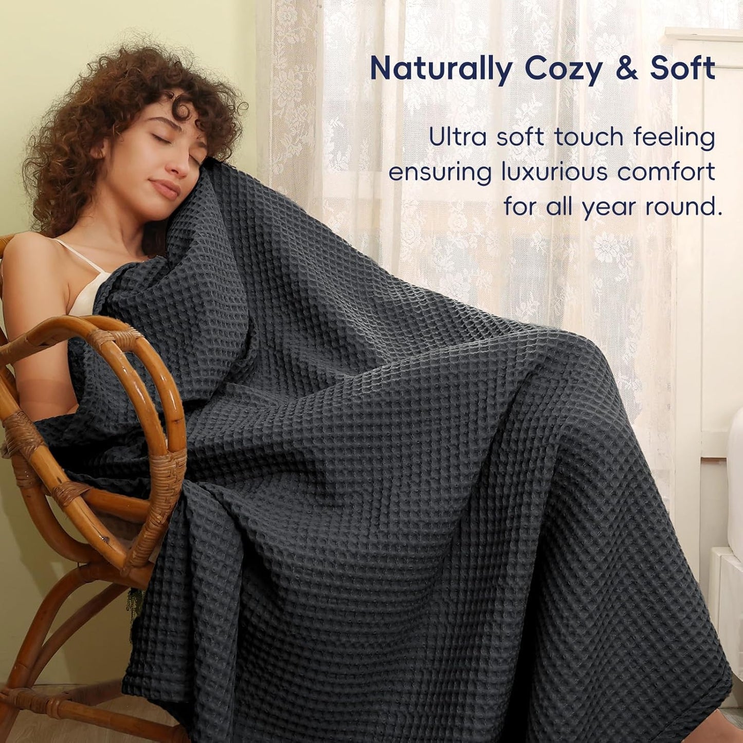 PHF Ultra Soft Waffle Weave Blanket Queen Size 90"x 90"- Washed Lightweight Breathablee Cozy Woven Blanket - Great for Couch Bed Sofa Home Car - Black