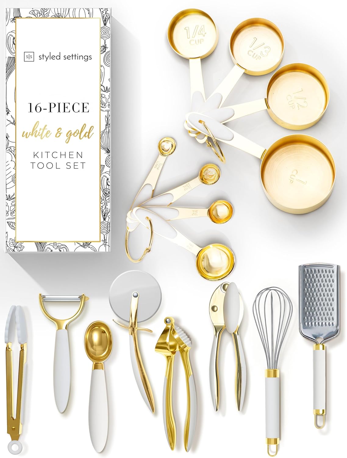 Styled Settings White and Gold Kitchen Utensils Set – 16-Piece Silicone Cooking Utensils with Measuring Cups and Spoons