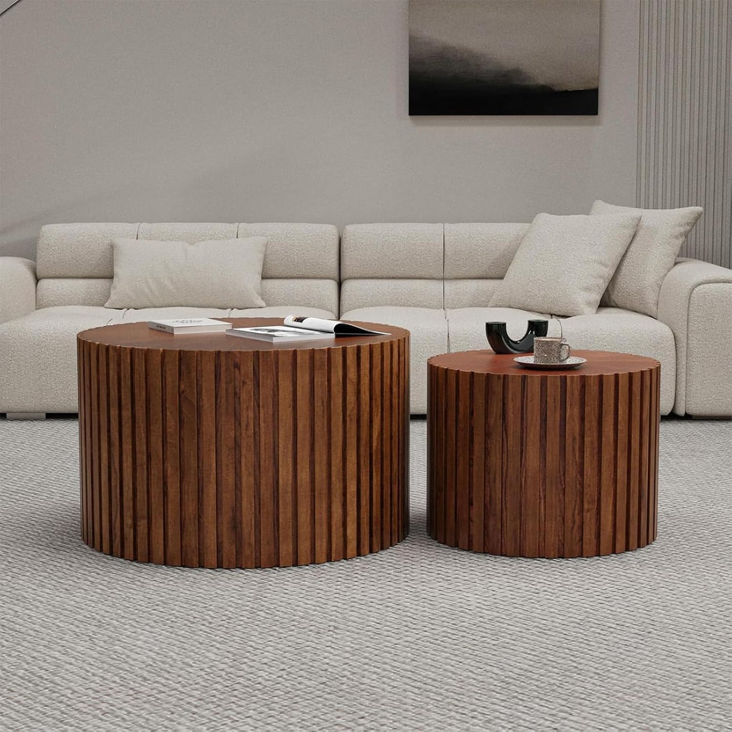 Round Nesting Coffee Table Set of 2 Modern Round Walnut Coffee Table Small Circular End Table Side Table Coffee Tables Circle Nested Coffee Tables for Living Room (Brown Small)