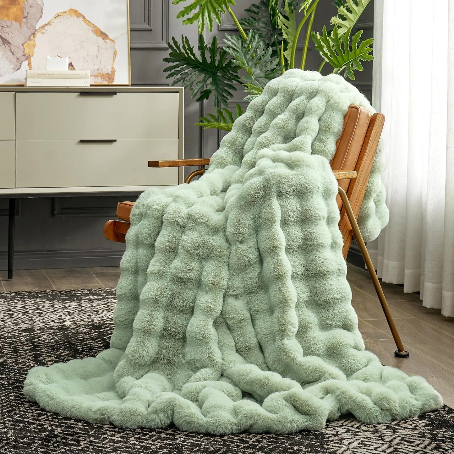 Cozy Bliss Faux Fur Throw Blanket for Couch, Fuzzy Soft Plush Thick Bubble Blanket for Sofa Bedroom Living Room, 60 * 80 Inches Sage Green