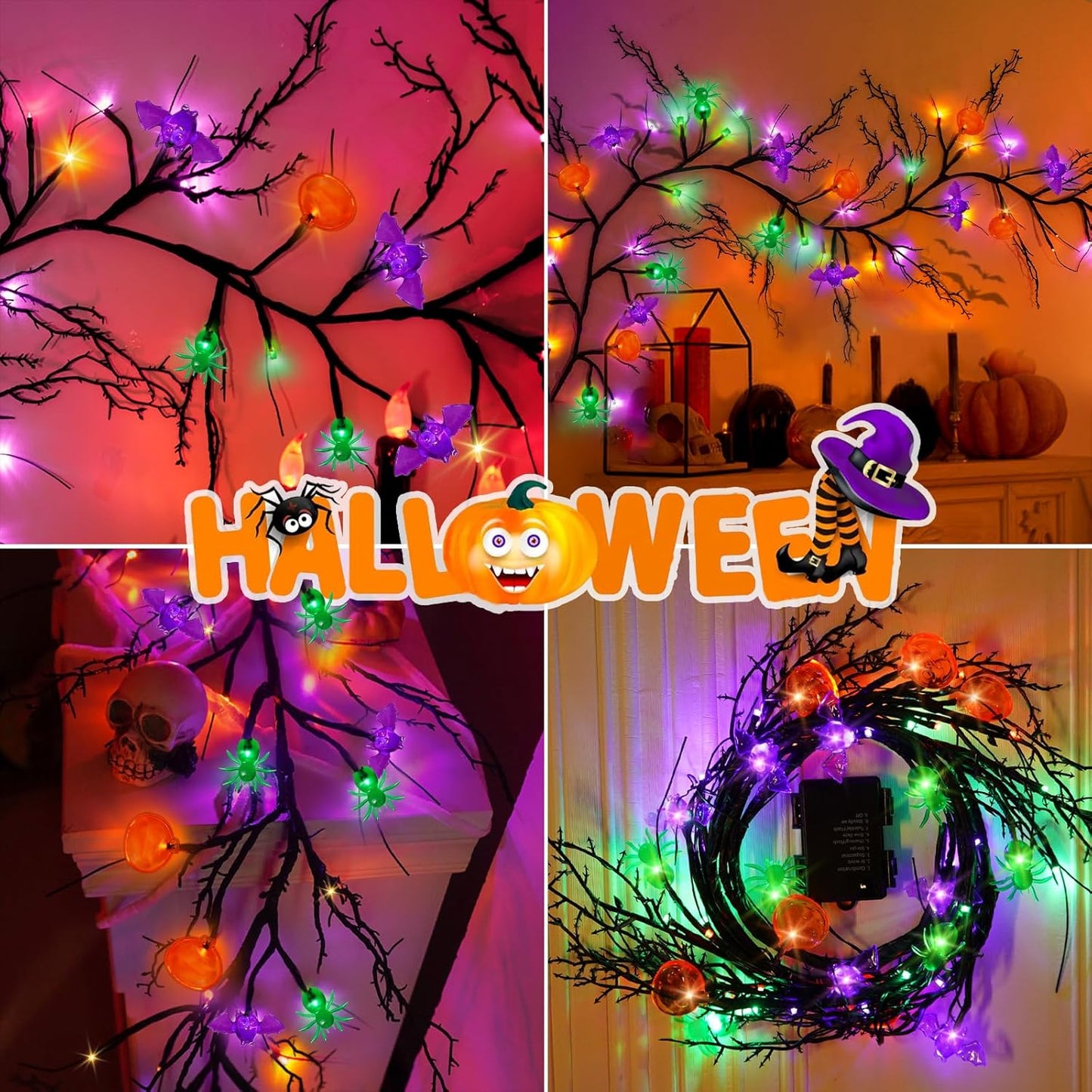 [8 Modes & Timer] 6 Ft Halloween Willow Vine Twig Decor Garland with Bats Pumpkins Spiders Lights, 54 LED Battery Operated Halloween Lights for Indoor Home Mantle Fireplace Decor