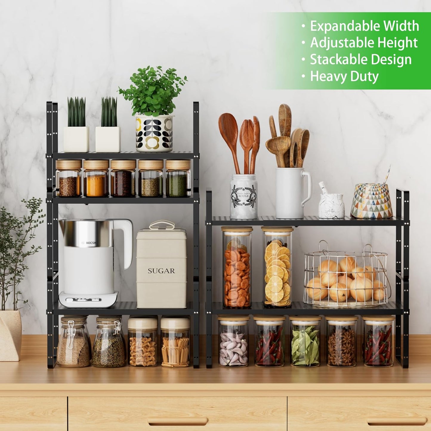 Expandable Cabinet Storage Shelf Stackable Organizer Rack for Kitchen Bathroom Pantry Spice Cupboard Coffee Countertop Home Office Desk Heavy Duty Nonslip Black Large 3 Packs