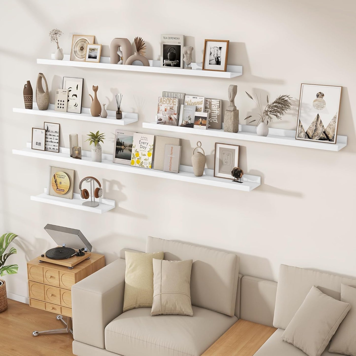 Floating Picture Ledge Shelves 48 Inch Solid Oak Wood Set of 2, Rustic Wall Storage Shelves with Lip, Kids Bookshelf, Photo & Picture Ledge Shelves for Bedroom, Living Room, Kitchen