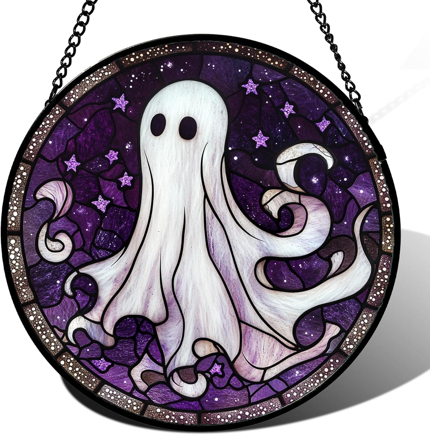 Stained Glass Window Hanging - Halloween Decorations White Ghost Purple Stars Suncatcher for Doors Garden Spooky Funny Sun Catchers Gothic Decor Horror Gifts for Women Men Friend 15 in