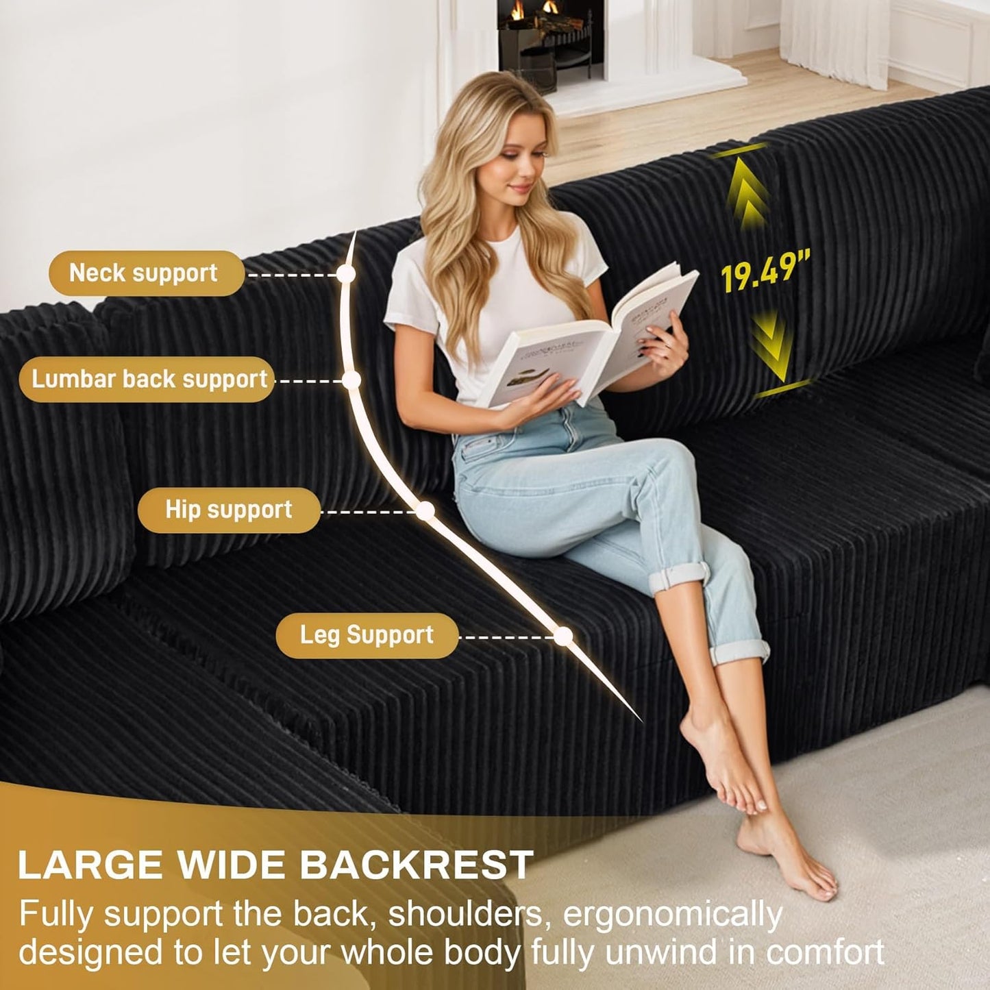 HYJT-H&K Modular Sectional Sofa Cloud Secttional Couch, 132" Comfy U Shaped Couches for Living Room, Deep Seat Memory Foam Fluffy Plush Corduroy Boneless Couch Sectionals with Chaise, Black