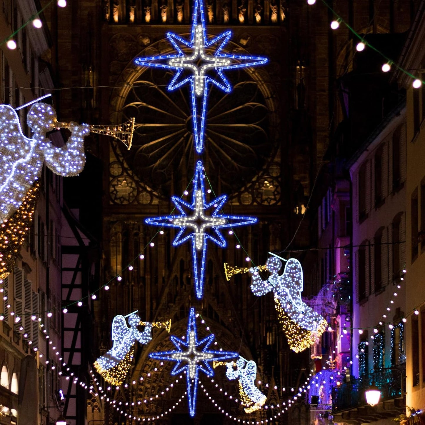 28" Christmas Star of Bethlehem LED Star Hanging Lights Nativity Holy Family Light for Door Window Porch Wall Decoration Plug Operated Lighted Hanging Tree Topper (Blue, Light Yellow)