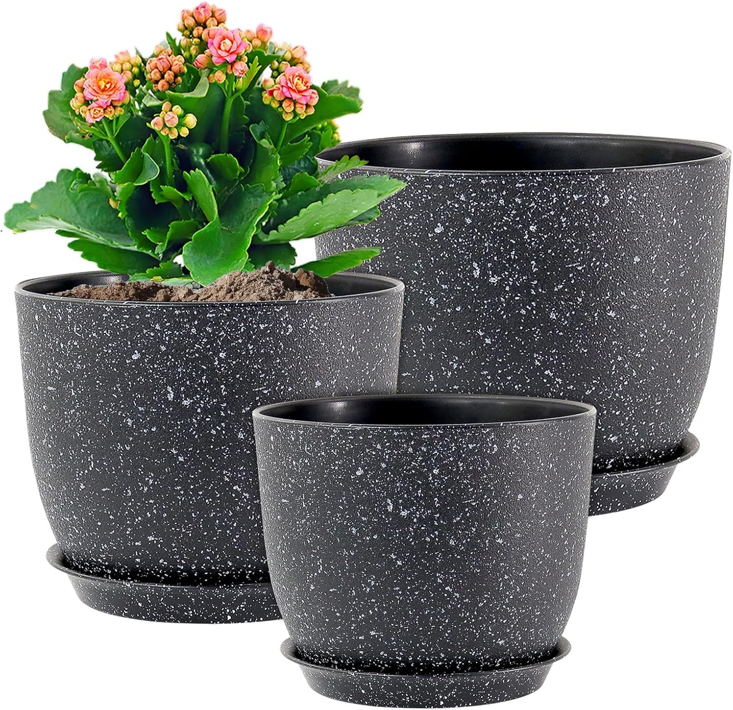9/8/7.5 inch Plant Pots, Set of 3 Modern Decorative Plastic Planters with Drainage Holes and Saucer for Garden House Plants, Flower Pots for Indoor Outdoor Plants, Speckled Black