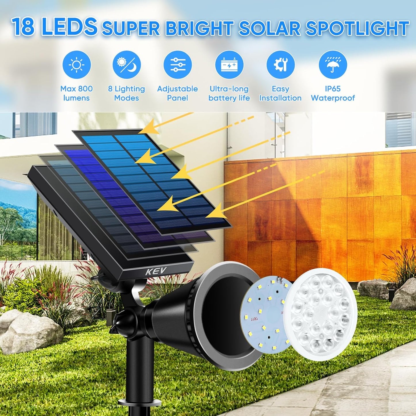 KEV 800 Lumens Solar Spot Lights Outdoor,18 LEDs Solar Flood Lights with 2 Modes &Adjustable &IPX65 Waterproof,Solar Spotlight for Driveway/Backyard/Patio Landscape/Tree/Garage(Cool White, 2 Pack)