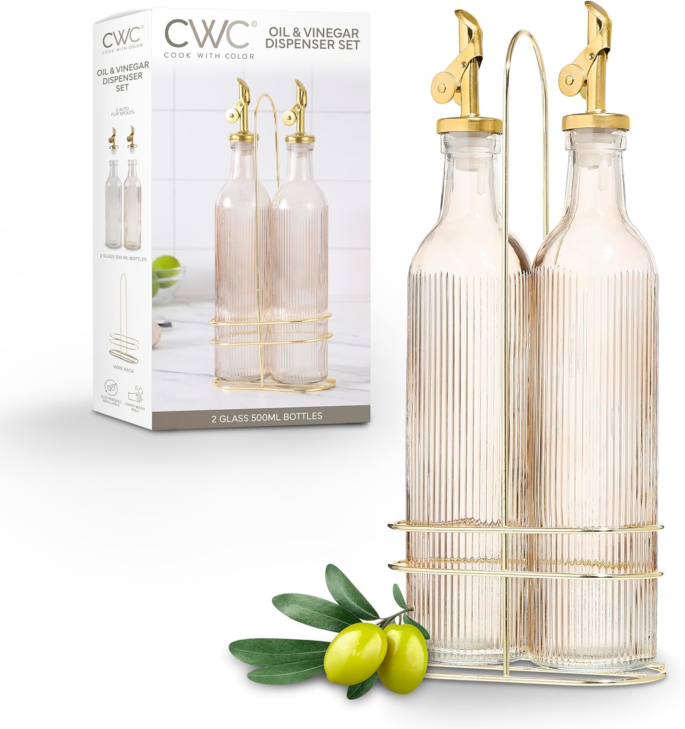 COOK WITH COLOR Glass Olive Oil Bottle Dispenser - 2 Pack- 17oz Oil and Vinegar Cruet - Olive Oil Carafe Decanter for Kitchen