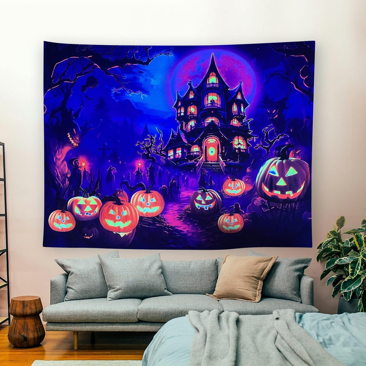 OSVINO Blacklight Halloween Castle Tapestry 90"x70" Pumpkins Ghosts Background Bedroom Aesthetic Hippie Room Decor Glow in The Dark Wall Poster for Halloween Easter
