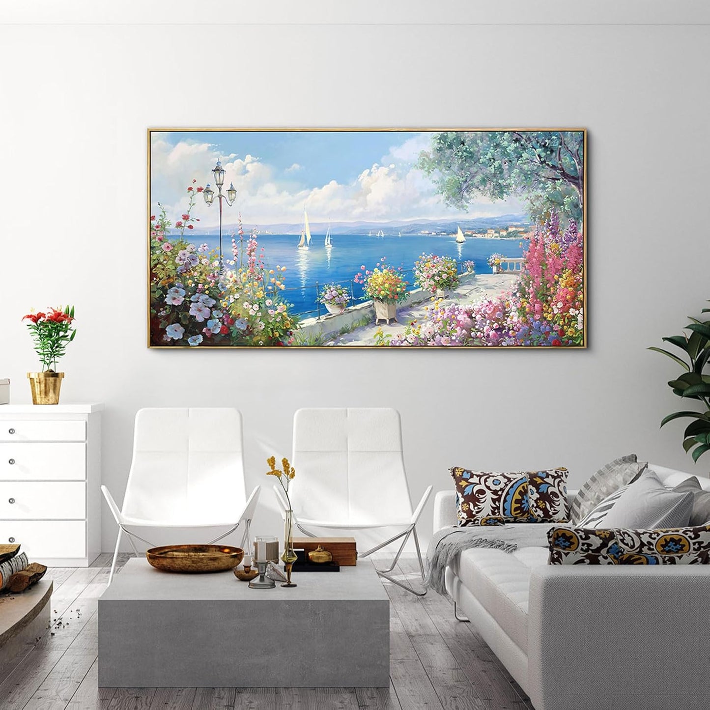 XLSJERST Blue Coastal Wall Art - Ocean Seascape Canvas Yellow Green Flowers Painting Landscape Sailboat Picture Artwork Modern Large Framed for Living Room Bedroom Home Office Decor 20"x40"