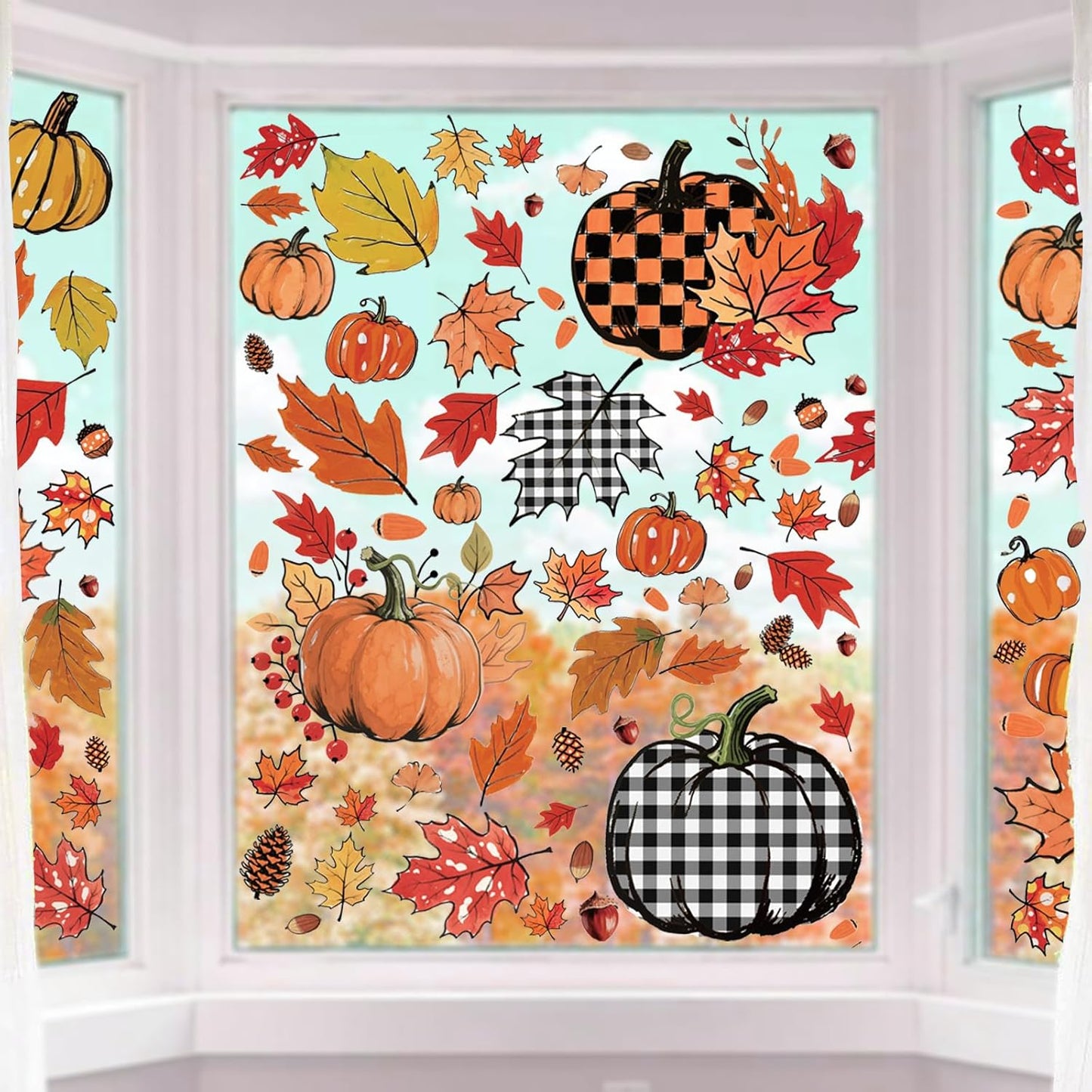 8 Sheets Fall Decorations, 178 Pcs Fall Window Clings, Double Sided Autumn Stickers with Maple Leaves Pumpkin Nuts Pine Cones for Party Thanksgiving Decor Indoor Outdoor Accessories