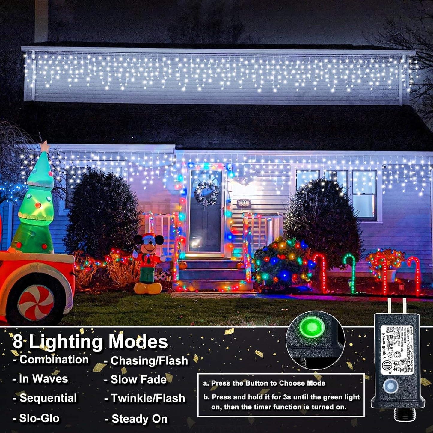 Icicle Lights for Outside, 16.5FT 200 LED Icicle Christmas Lights Outdoor with 8 Modes Waterproof, Connectable Twinkle String Light for Bedroom House Party Wedding Holiday Decorations, White