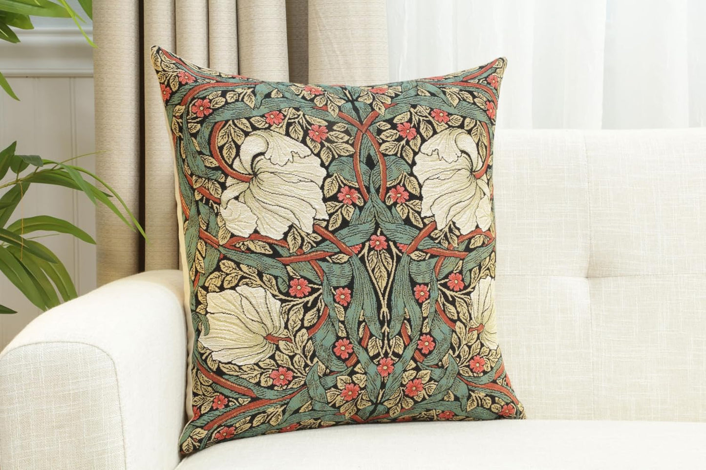 Charlotte Home Furnishings Pimpernel Red Green Floral Throw Pillow Cover 18” x 18” – Double-Sided Tapestry Cushion Cover for Couch, Sofa, or Bed | 100% Cotton Jacquard Woven in Europe