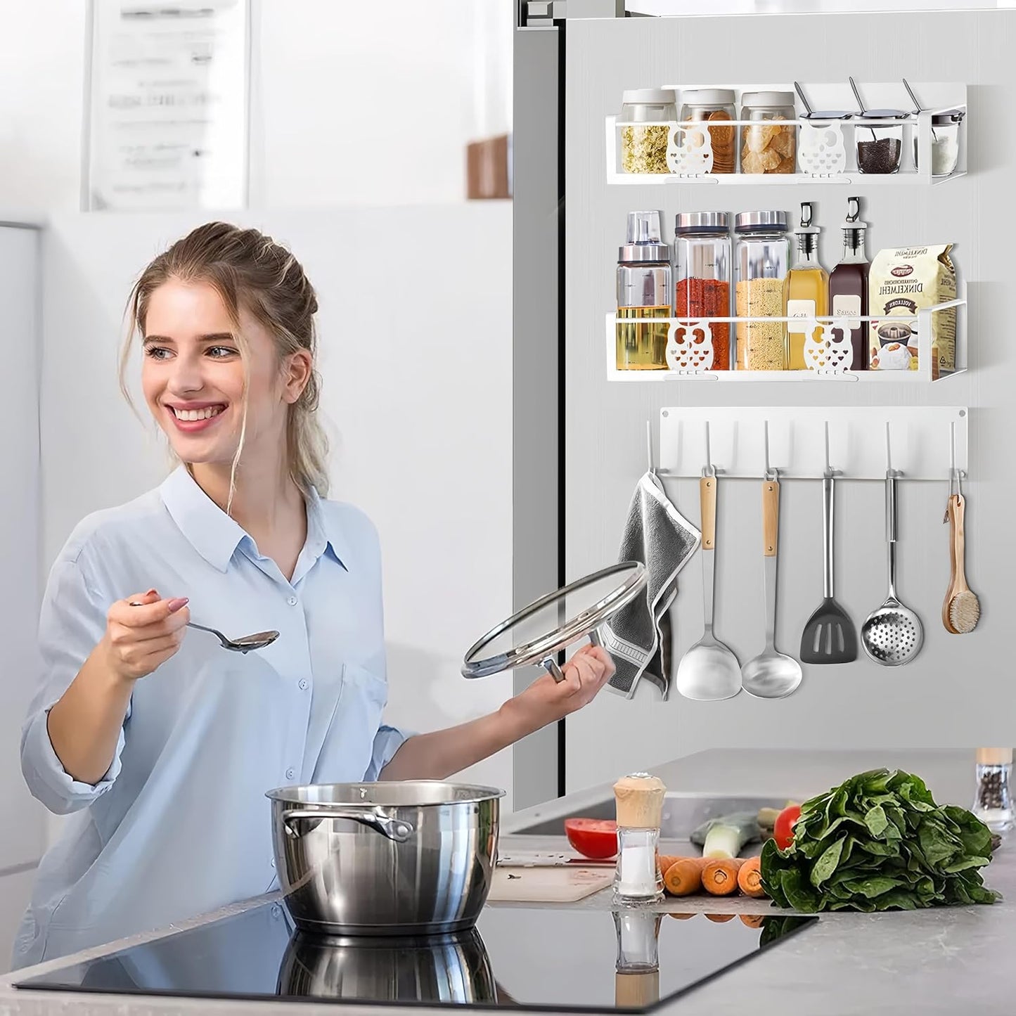 Magnetic Spice Rack,Magnetic Shelf for Fridge,Spice Organizer,Fridge Organizer,Kitchen Storage Organization with Magnetic Hooks,Owl Home Decor(White)