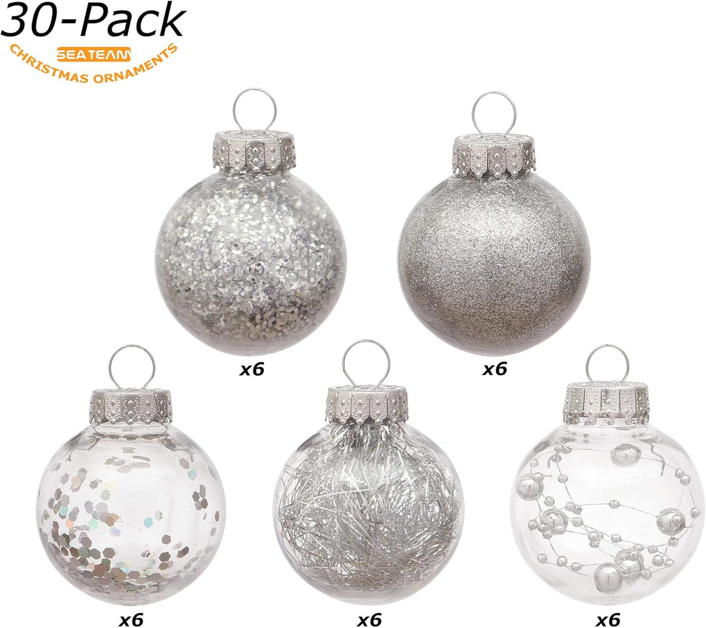 Sea Team 50mm/1.97" Shatterproof Clear Plastic Christmas Tree Ball Ornaments Set, Decorative Hanging Transparent Xmas Baubles with Stuffed Delicate Decorations (30 Counts, Silver)