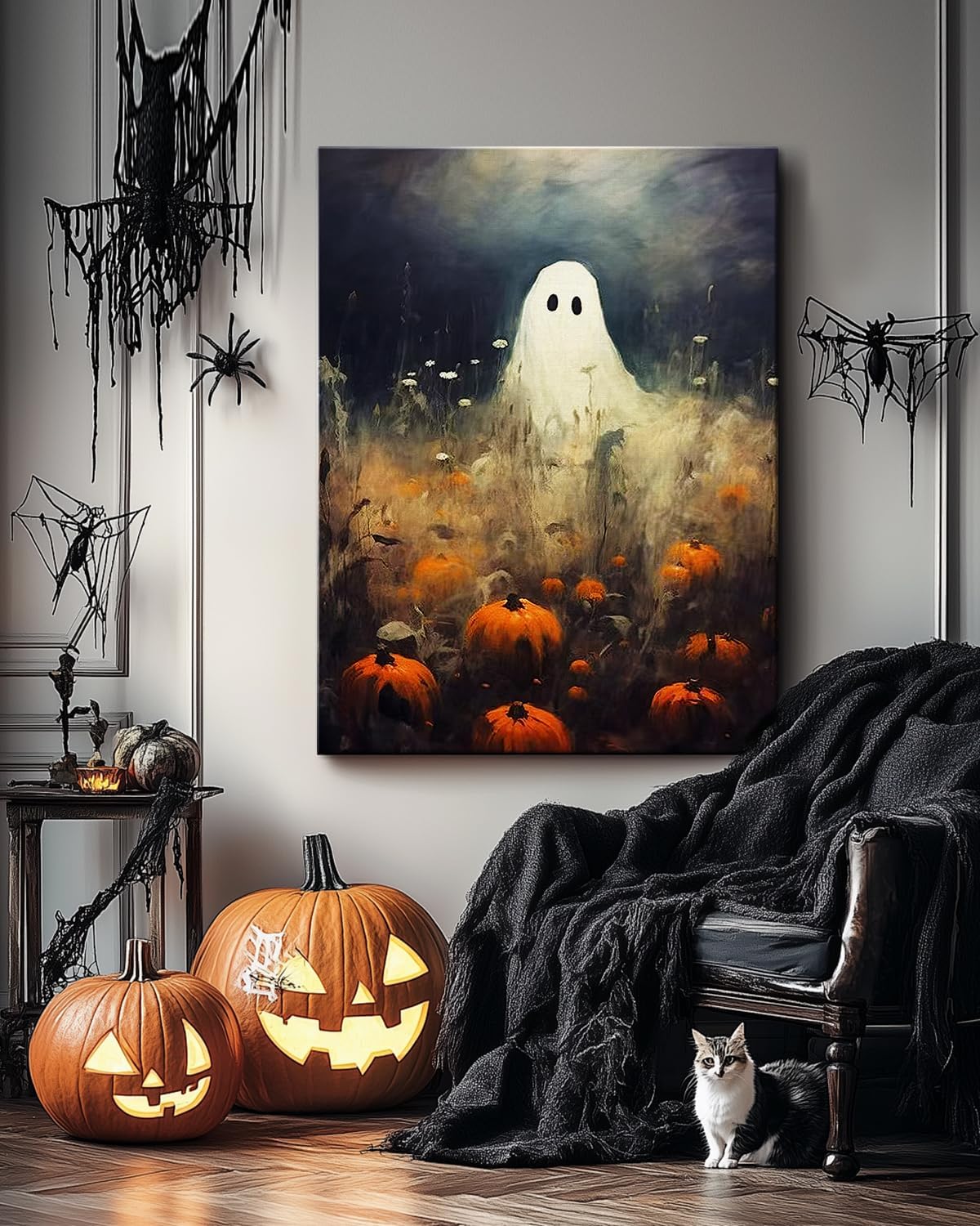 Halloween Canvas Wall Art, Spooky Ghost in Pumpkin Patch Poster, Vintage Gothic Fall Decor, Dark Academia Fall Decor for Living Room, Framed Indoor Halloween Decorations