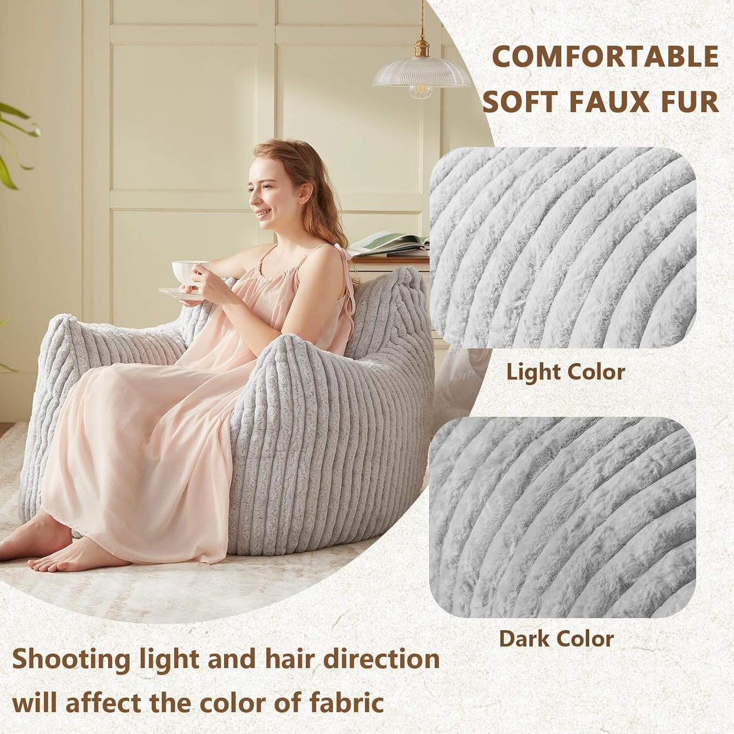 Giant Bean Bag Chairs for Adults Teens, Large Bean Bag Sofa Chairs with Filling Comfy Fuzzy BeanBag Chair with Armrests for Bedroom Living Room Reading