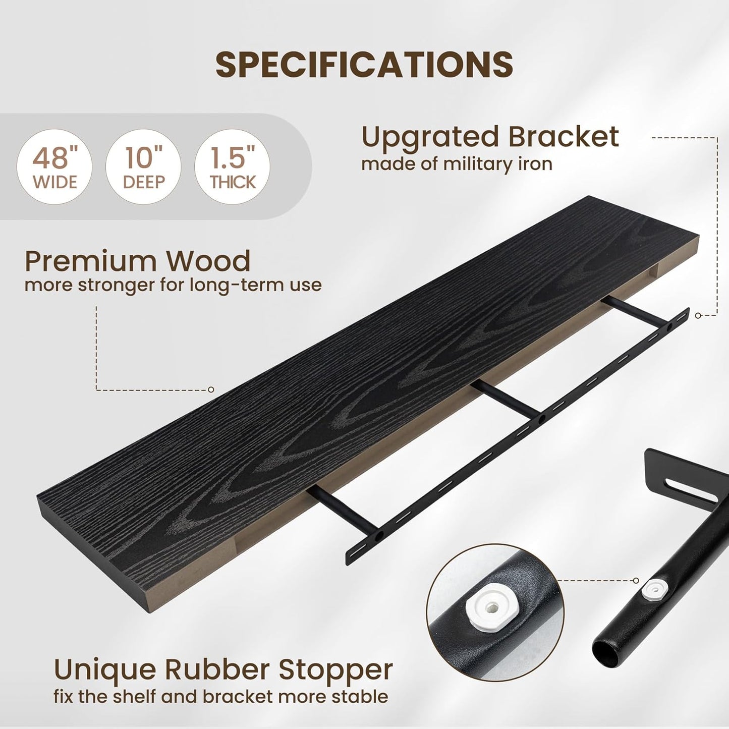 Fun Memories 10 Inch Deep Shelves, Floating Shelves for Wall 48 Inches Long, Wood Floating Shelves for Wall, Large Storage Shelves Wall Mount for Living Room Bedroom, Black, Set of 1