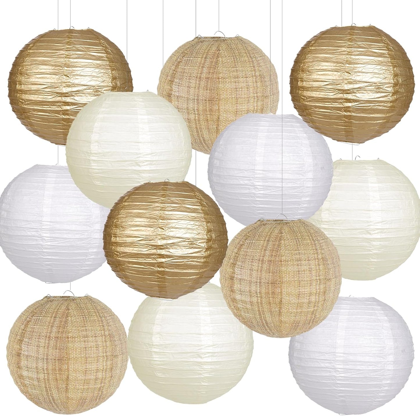 Paper Lanterns Gold White Round Hanging Chinese Lanterns for Wedding Birthday Party Boho Baby Shower Decorations Pack of 12