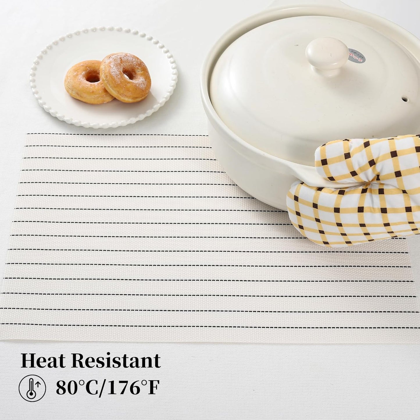 Leetaltree White with Black Stripes Placemats Set of 8 - Heat Resistant Non-Slip Place mats for Dining Table, Washable Durable PVC Vinyl Woven Table Mats（White Stripes, 8）