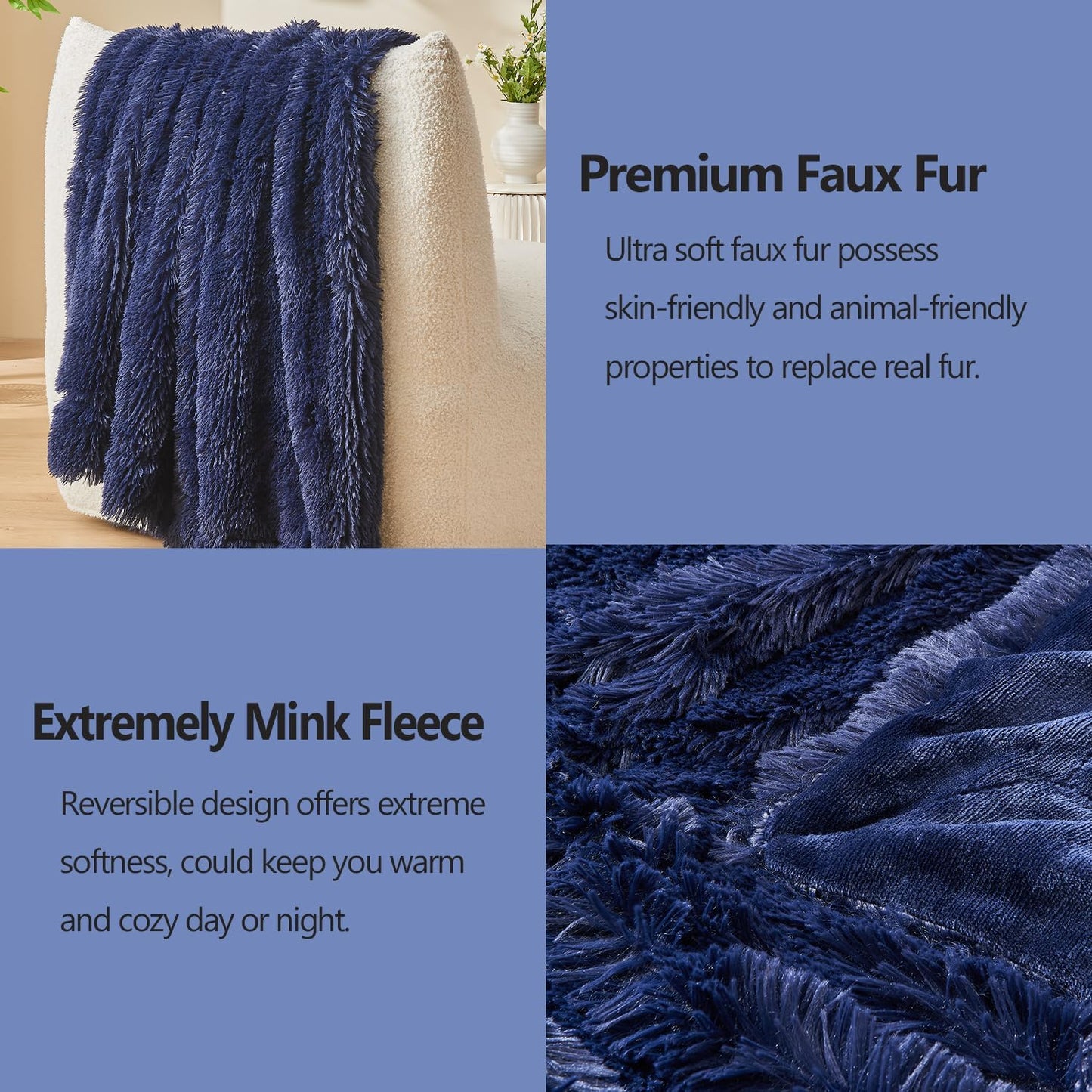 GONAAP Fuzzy Faux Fur Throw Blanket Twin Size Dark Navy Super Soft Cozy Plush Fuzzy Shaggy Blanket for Couch Sofa Bed (Dark Navy, Twin(60"x80"))